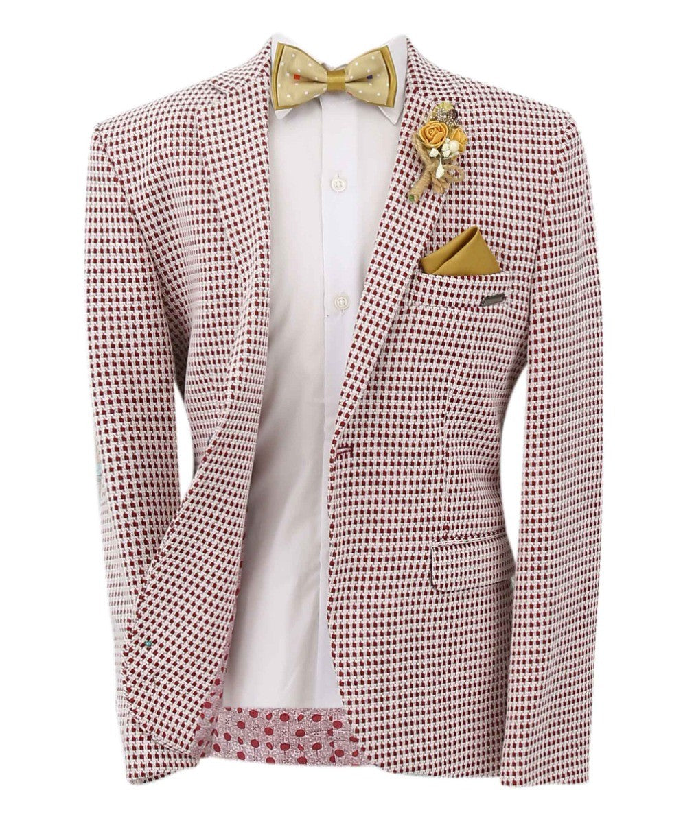 Boys Plaid Single Breasted Slim Fit Formal Blazer - Burgundy