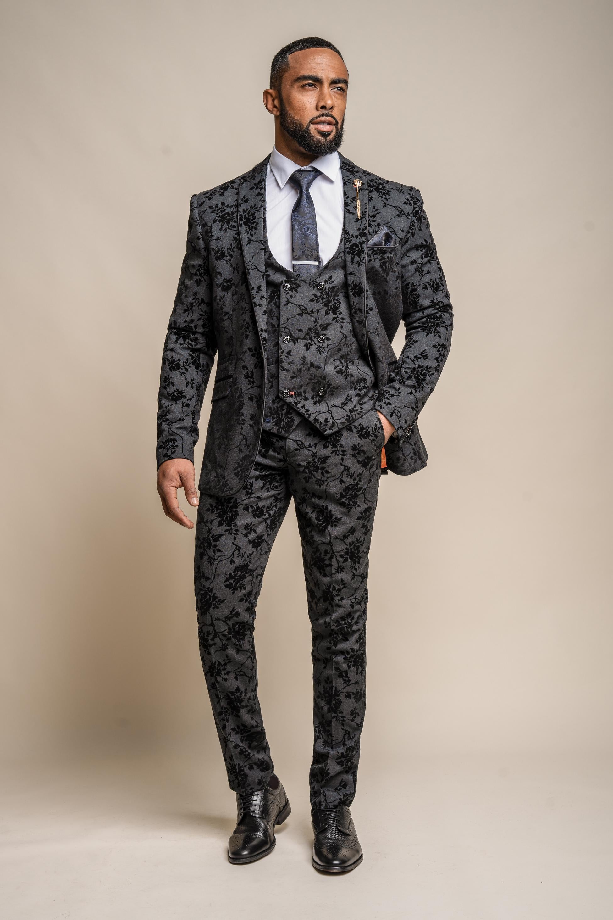 Men's Black Velvet Floral Embroidered Suit- GEORGI - Black