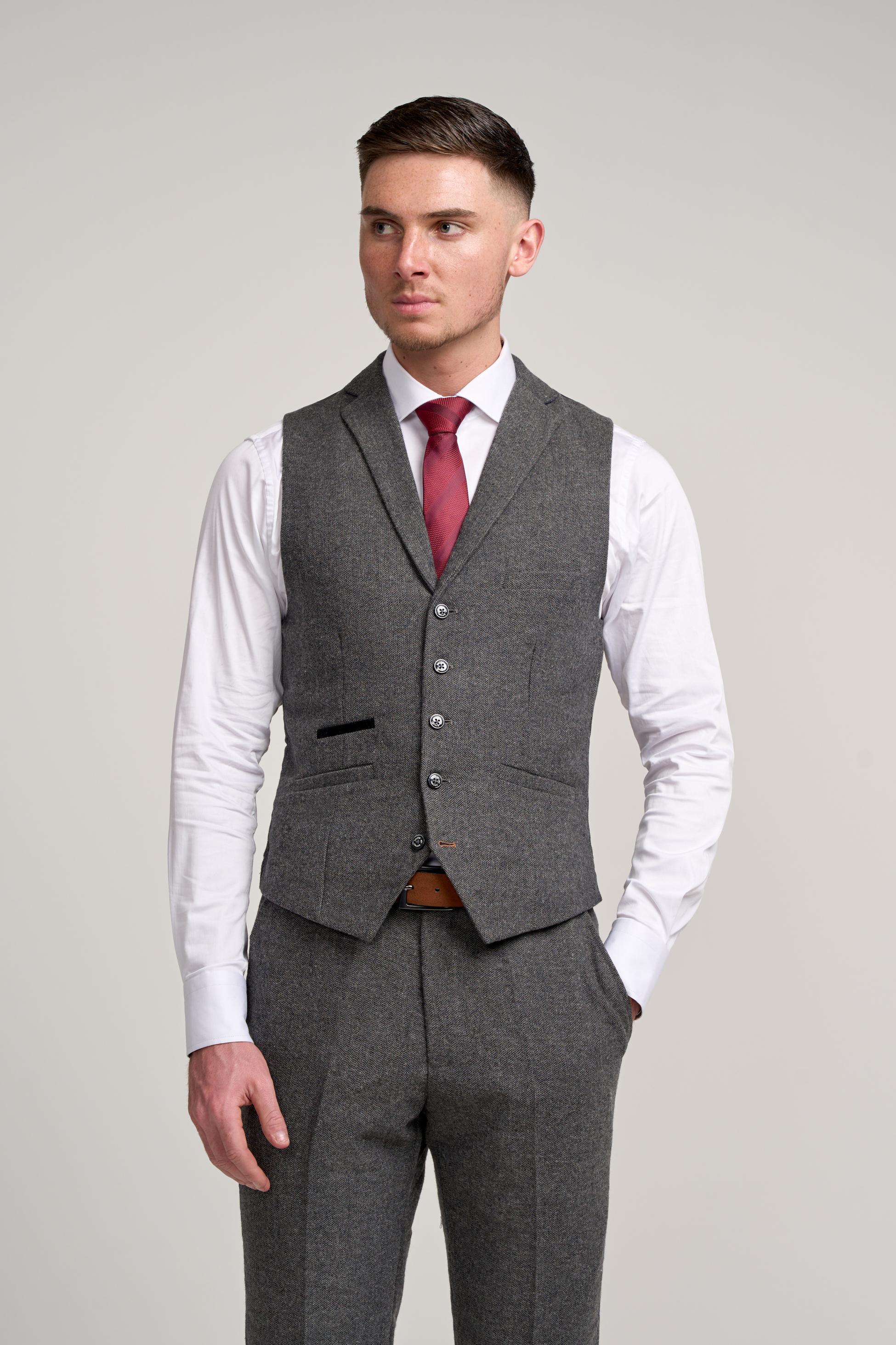 Costume en tweed gris à motif herringbone pour hommes - COSMO - Gris