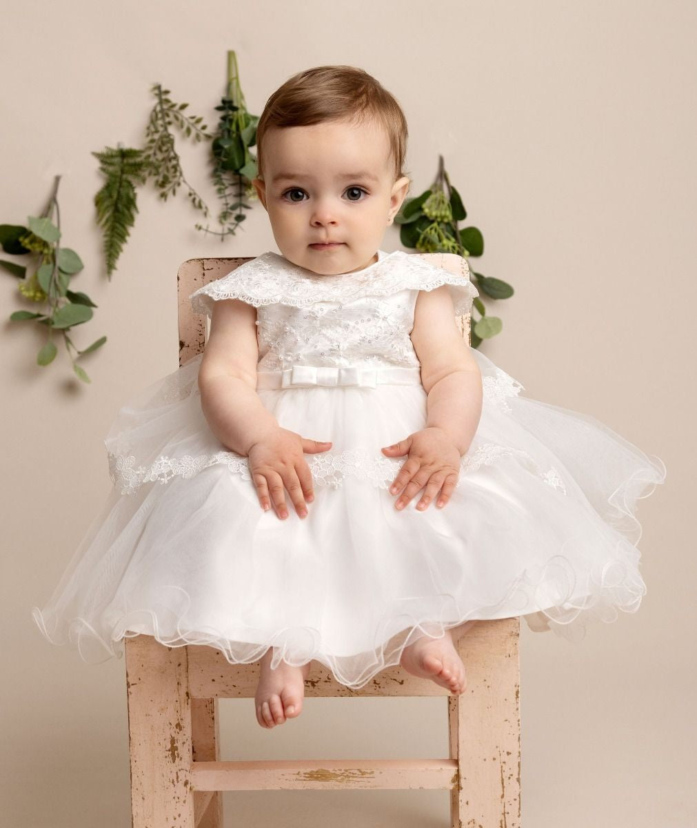 Robe de baptême en dentelle avec cape superposée pour bébés filles - HAZEL - Ivoire