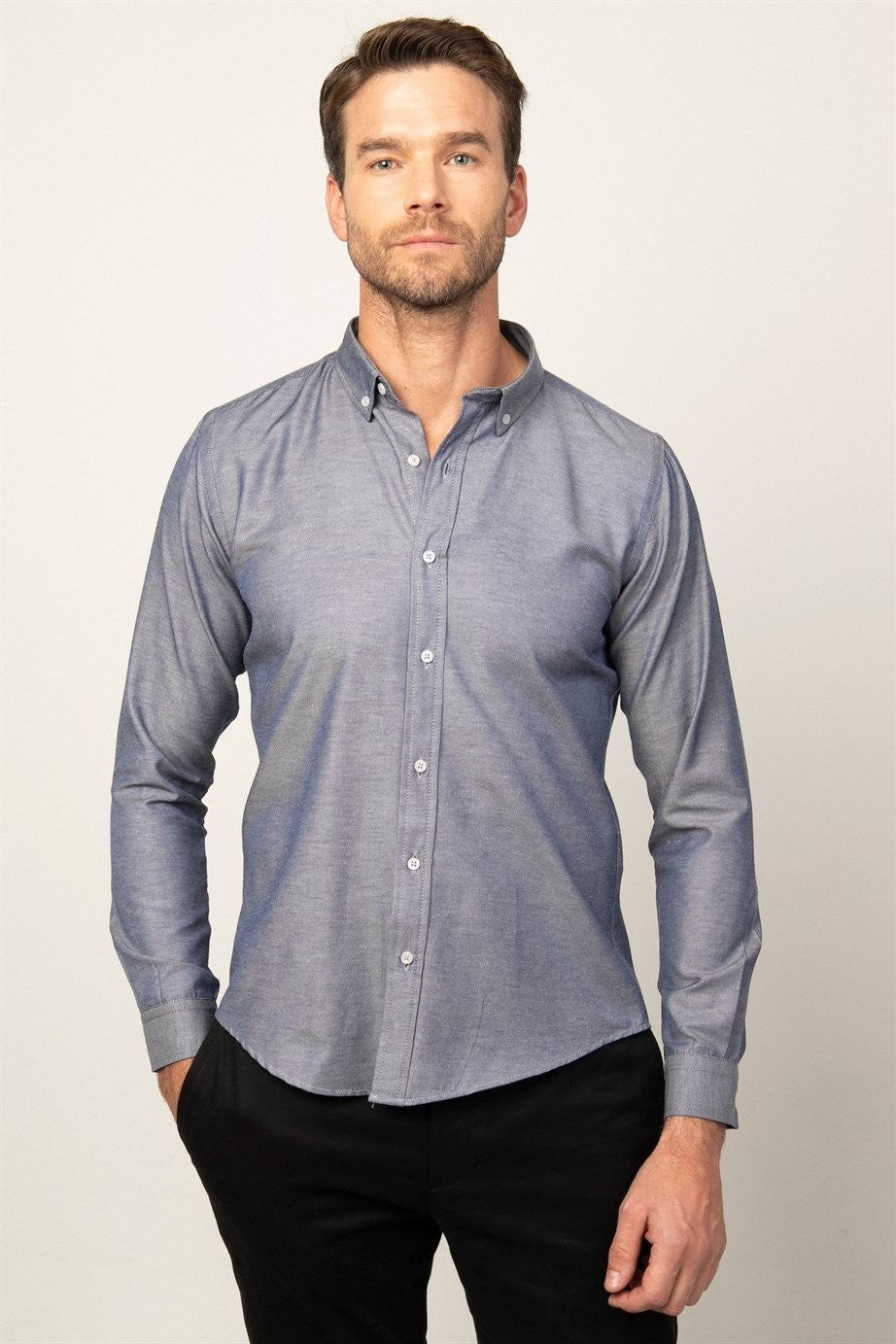 Chemise en coton ajustée à col boutonné - GABARDIN - Argent