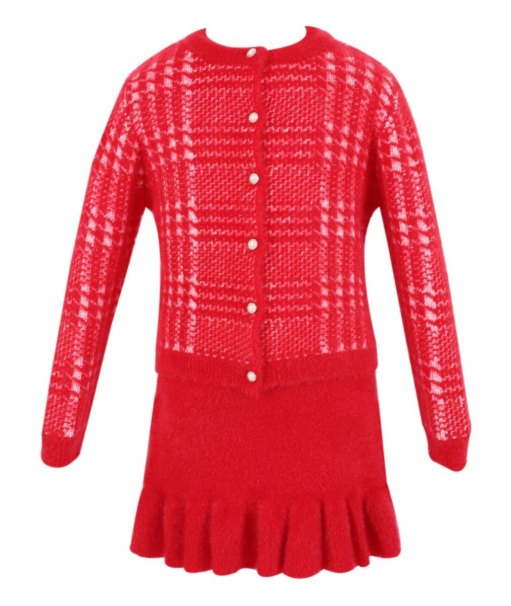 Ensemble Robe et Cardigan en Tweed à Chevrons pour Filles - Rouge