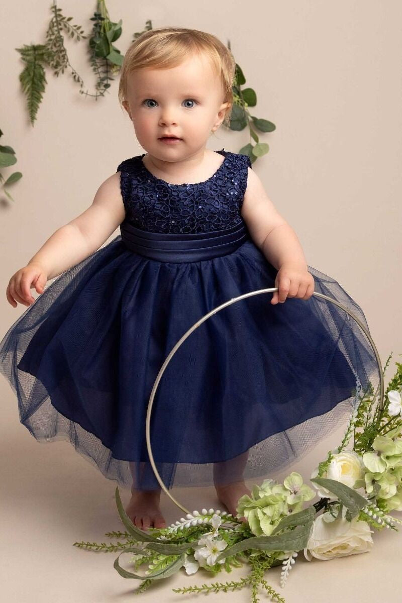 Baby Mädchen Kleid mit Blumenoberteil & Schleife - PC-1025 - Navyblau