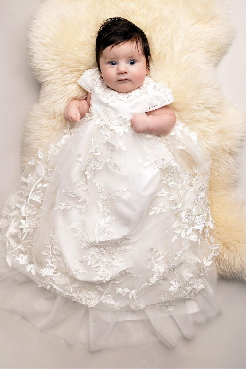 Baby Mädchen Blumen Spitzen Offwhite Taufkleid - KRYSTAL - Offwhite