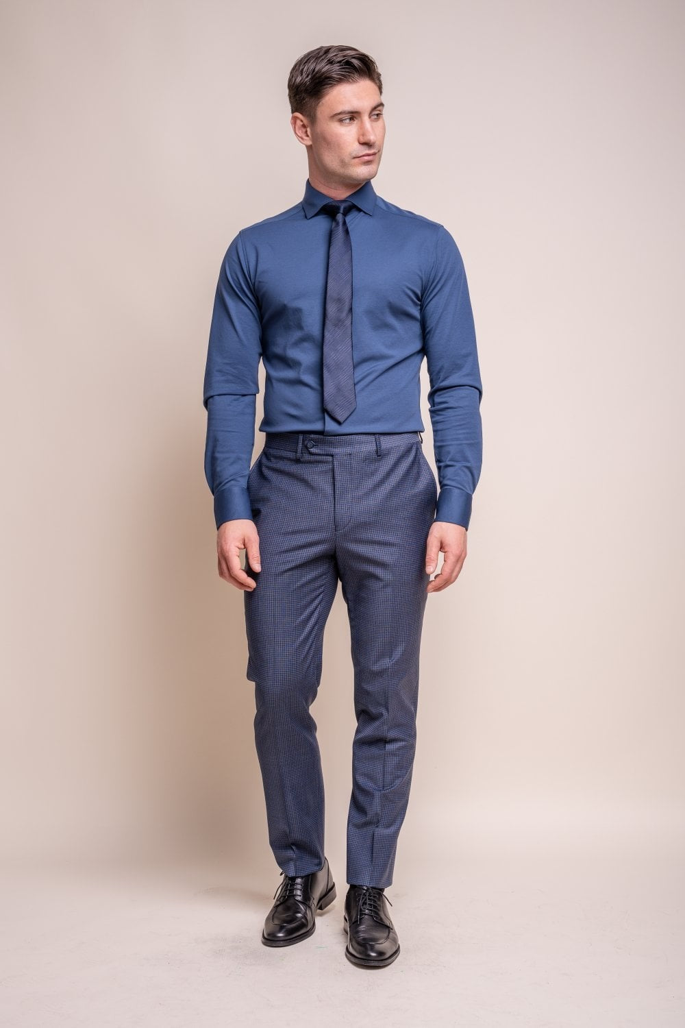 Pantalon en Laine Mélangée Slim Fit pour Homme - BOND - Bleu Marine à Motif Check