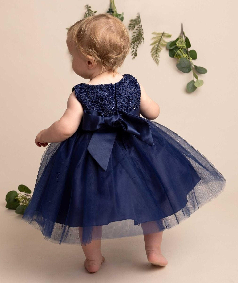 Robe à Corsage Fleuri et Nœud pour Fillettes - PC-1025 - Bleu Marine