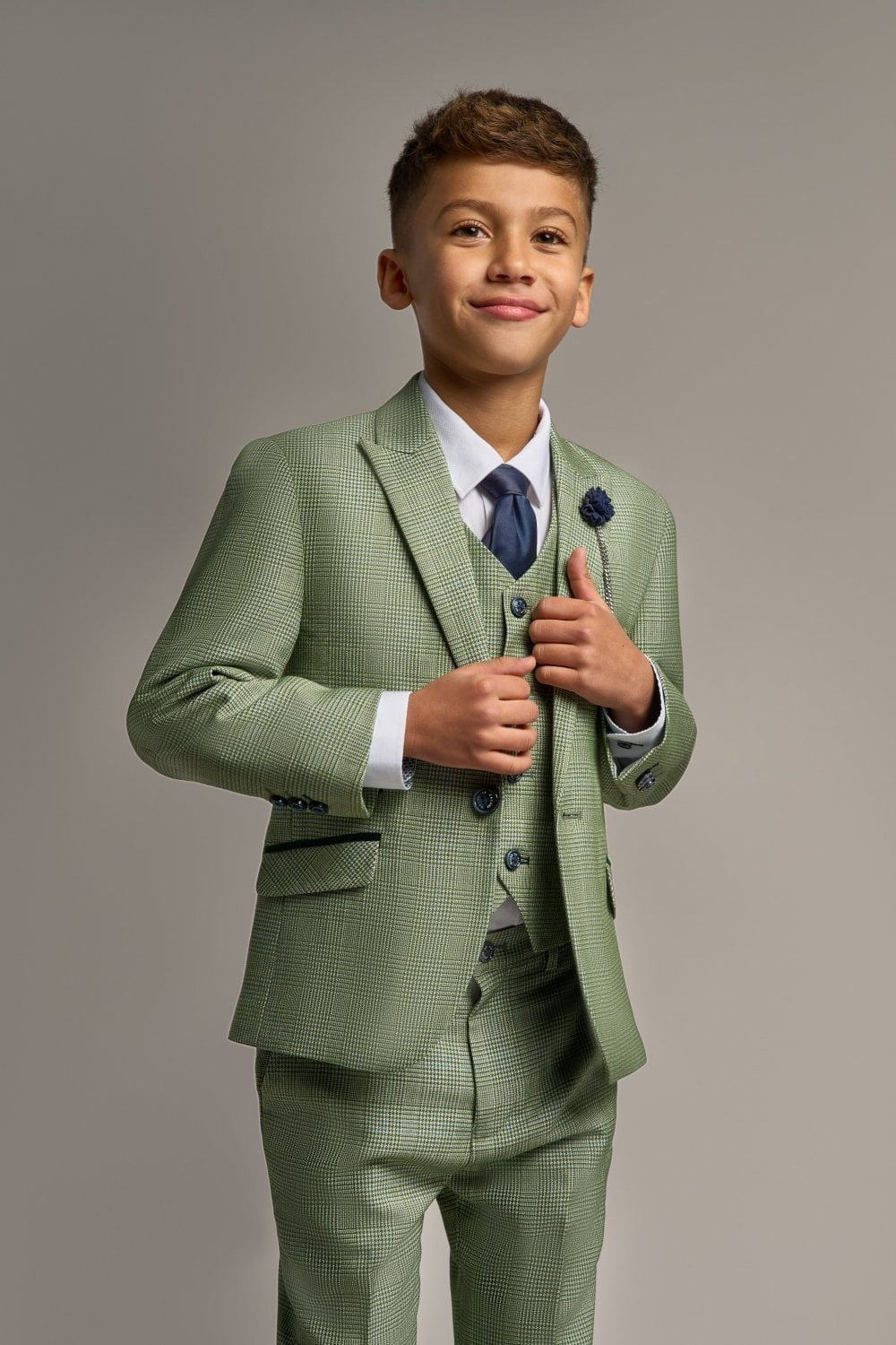 Jungen Slim Fit Tweed Karo Anzug - CARIDI - Salbeigrün