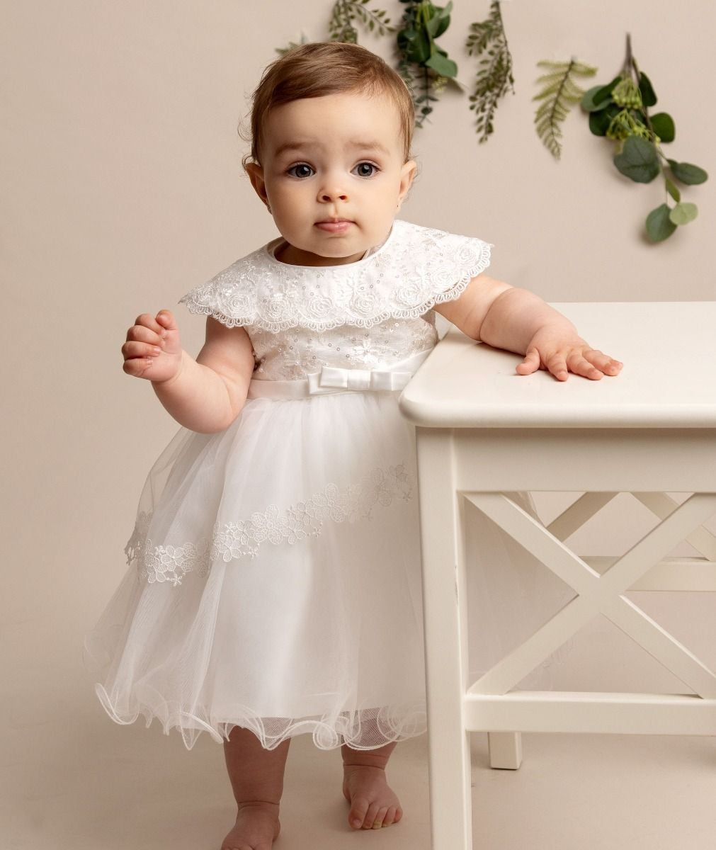 Robe de baptême en dentelle avec cape superposée pour bébés filles - HAZEL - Ivoire