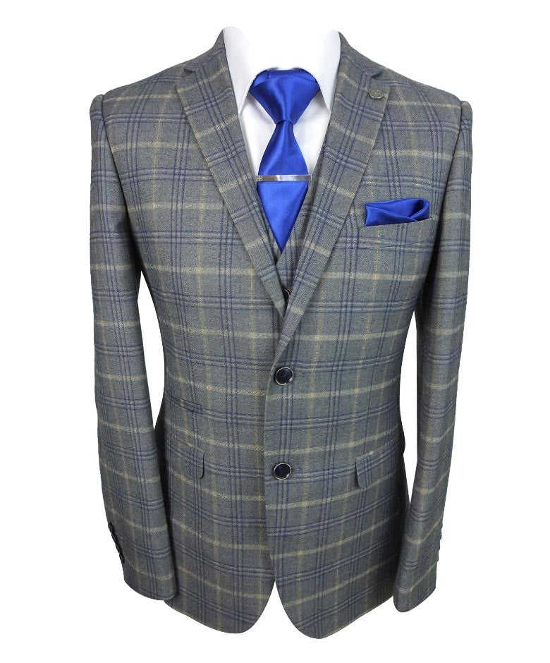 Men's Tailored Fit Retro Check Suit - KENNETH - Grey - Gold