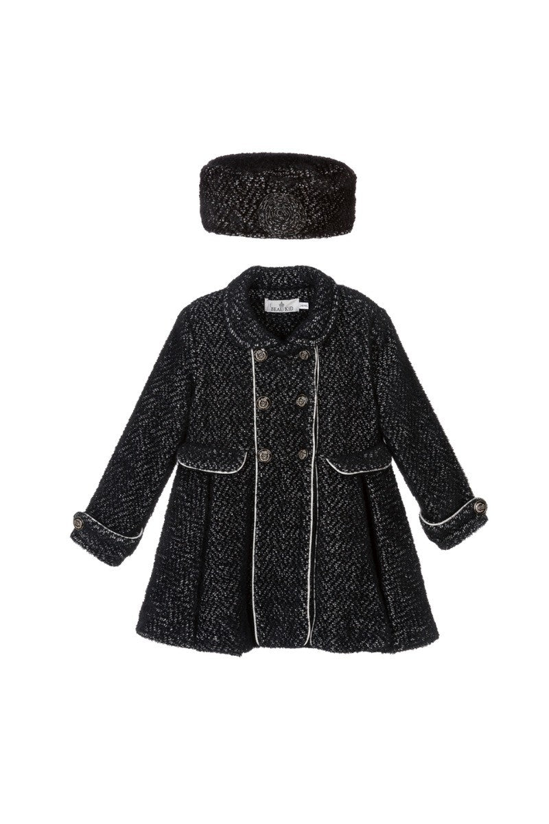 Girls Tweed Effect Double Breasted Midi Coat Set - Navy Blue