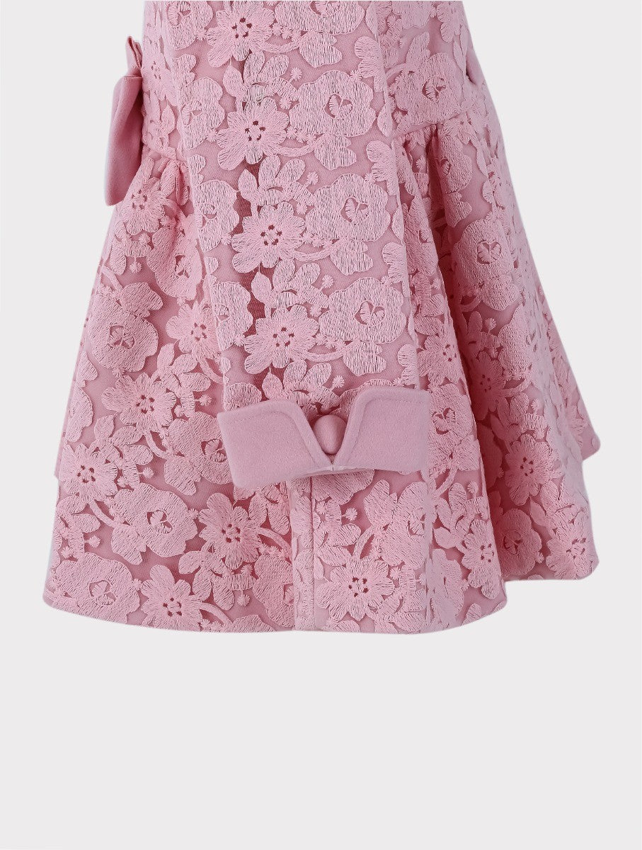 Ensemble Manteau Brodé Fleuri en Dentelle 2 Pièces pour Filles - Rose