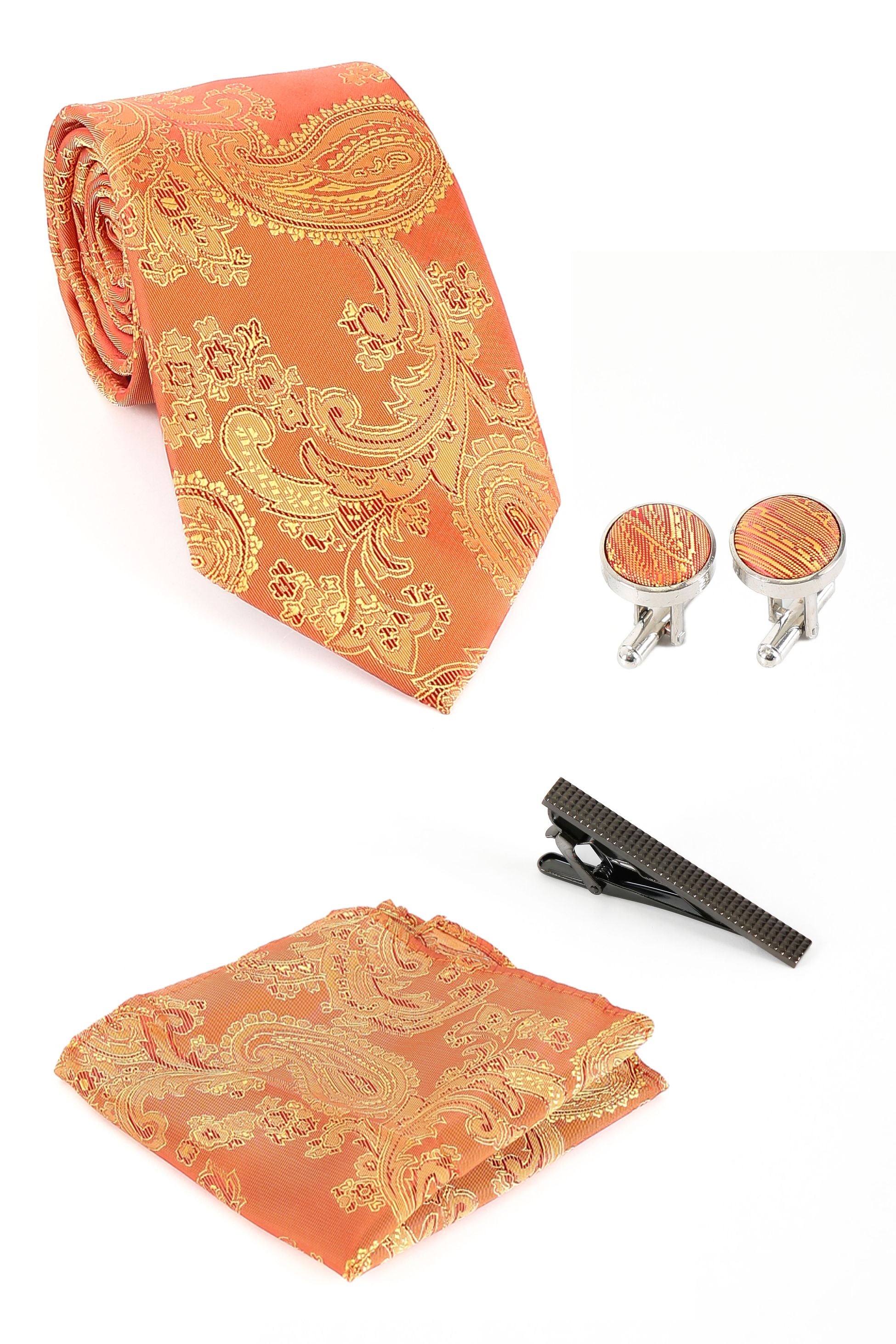 Ensemble cravate et boutons de manchette paisley pour hommes - Orange