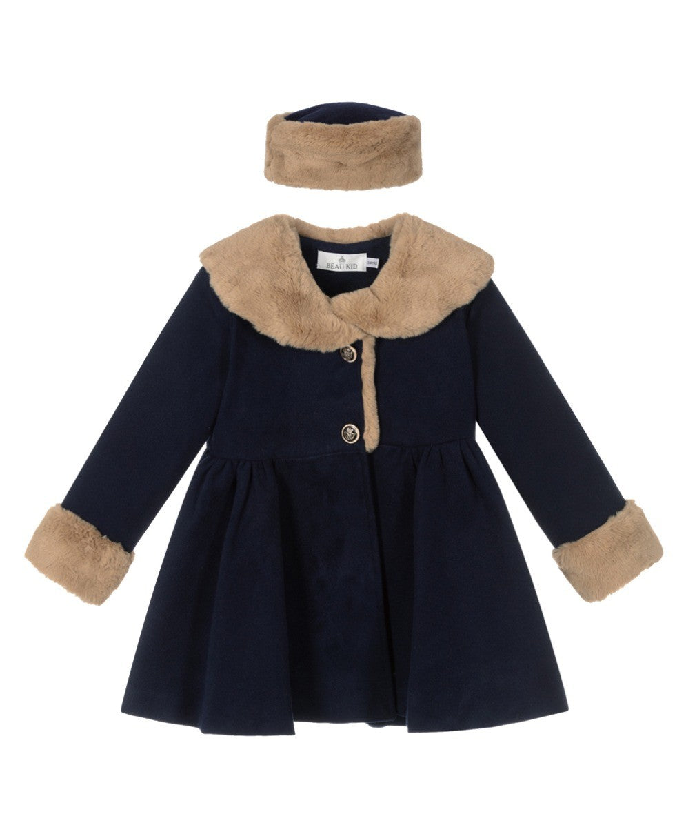 Ensemble Manteau Midi en Fourrure 2 Pièces pour Filles - Bleu Marine