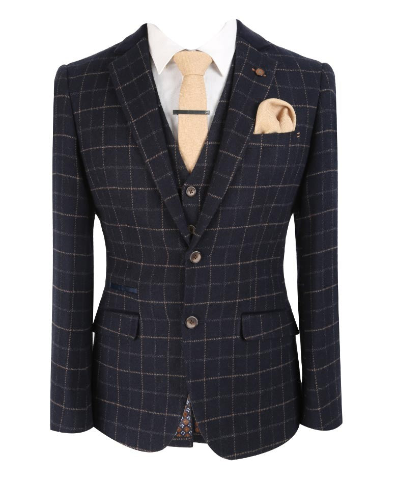 Men's Tweed Check Slim Fit Navy Suit- SHELBY - Navy Blue