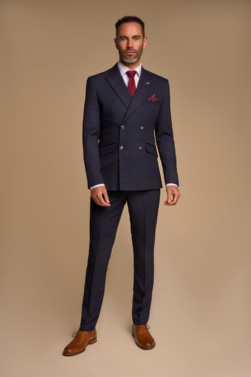 Men's Check Houndstooth Slim Fit Suit - CARIDI - Navy Blue