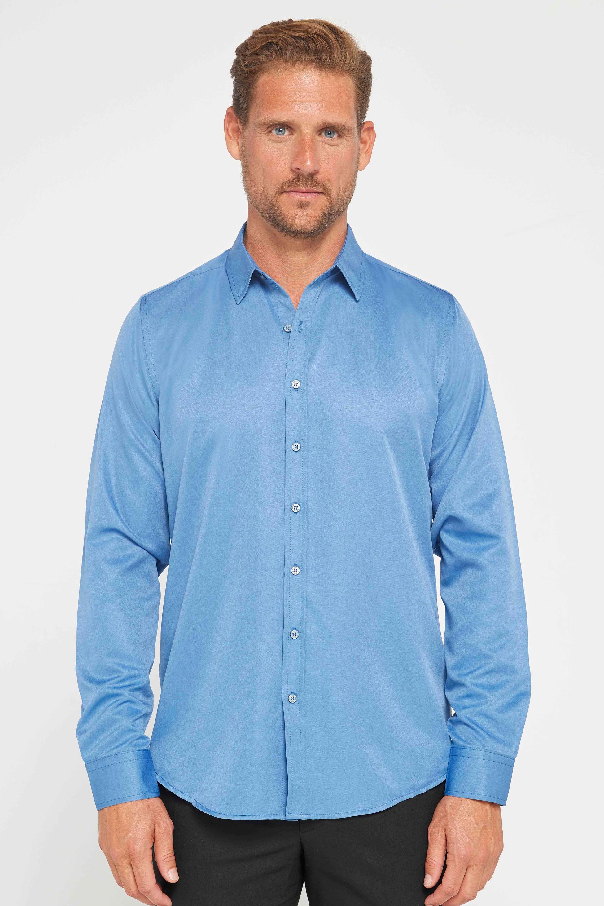 Men's Slim Fit Long Sleeve Dress Shirt - POLY - Turquoise Blue