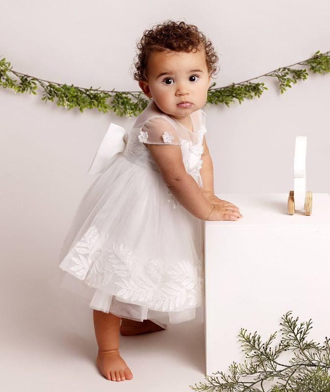 Baby Girls Leaf Lace Ivory Bow Dress - ANAYA - Ivory