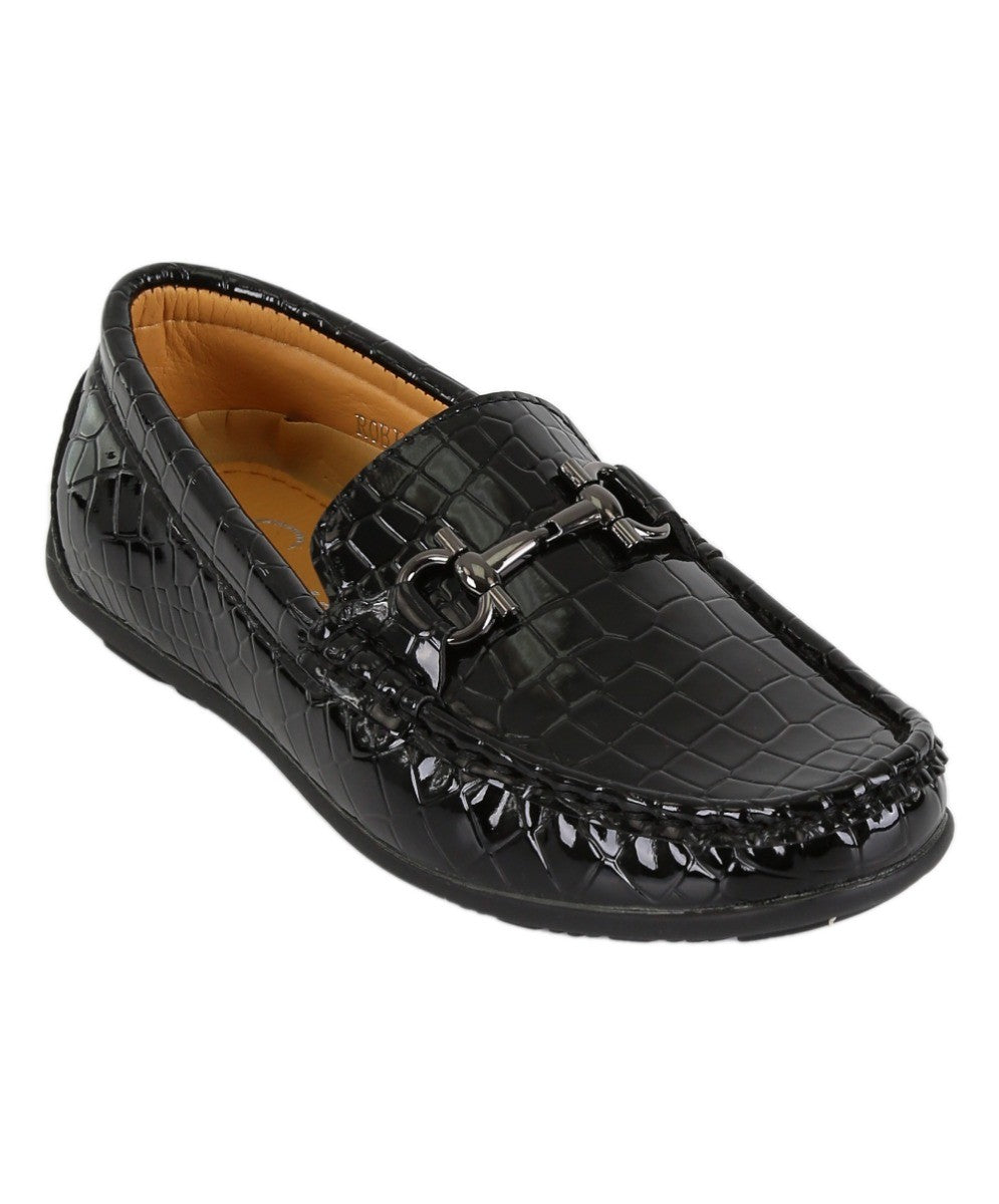 Jungen Krokodil Slip-On Lack Loafers - ROBIN - Schwarz