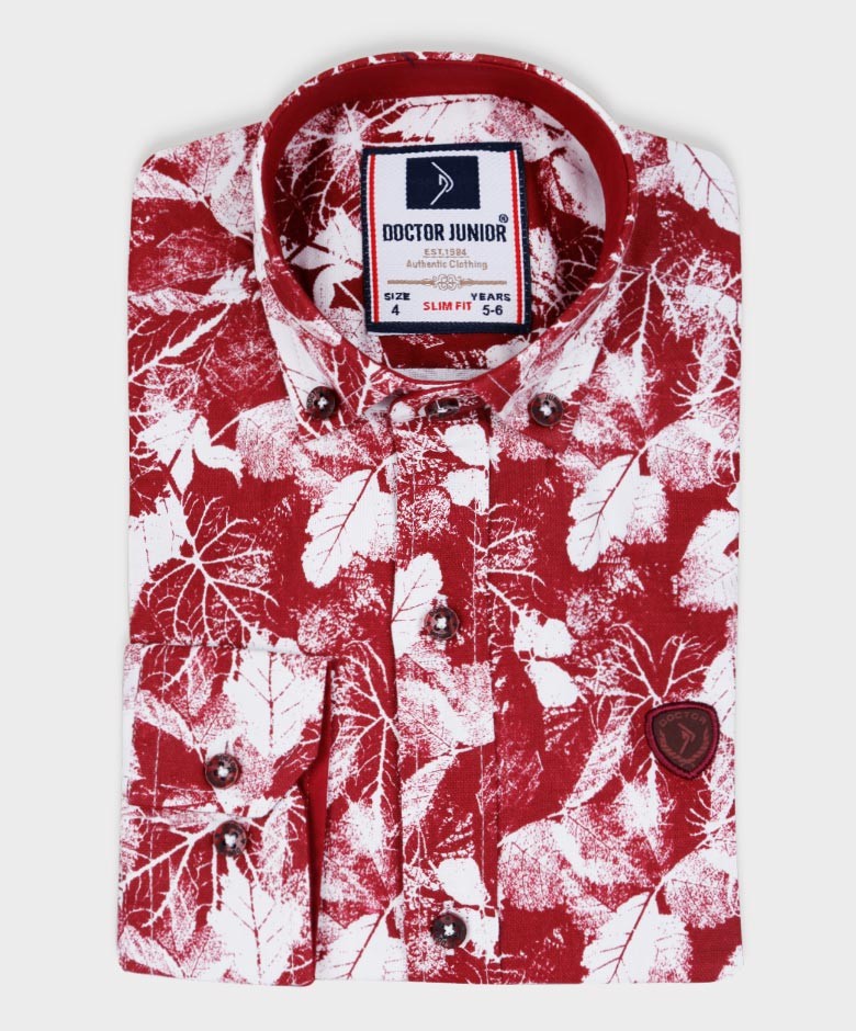 Chemise à Motifs de Feuilles Slim Fit pour Garçons - Bordeaux - Blanc