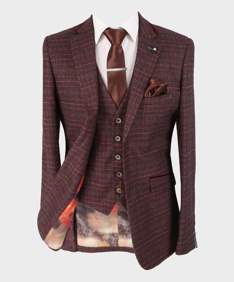 Herren Slim Fit Retro Tweed Blazer - CARLY - Weinrot