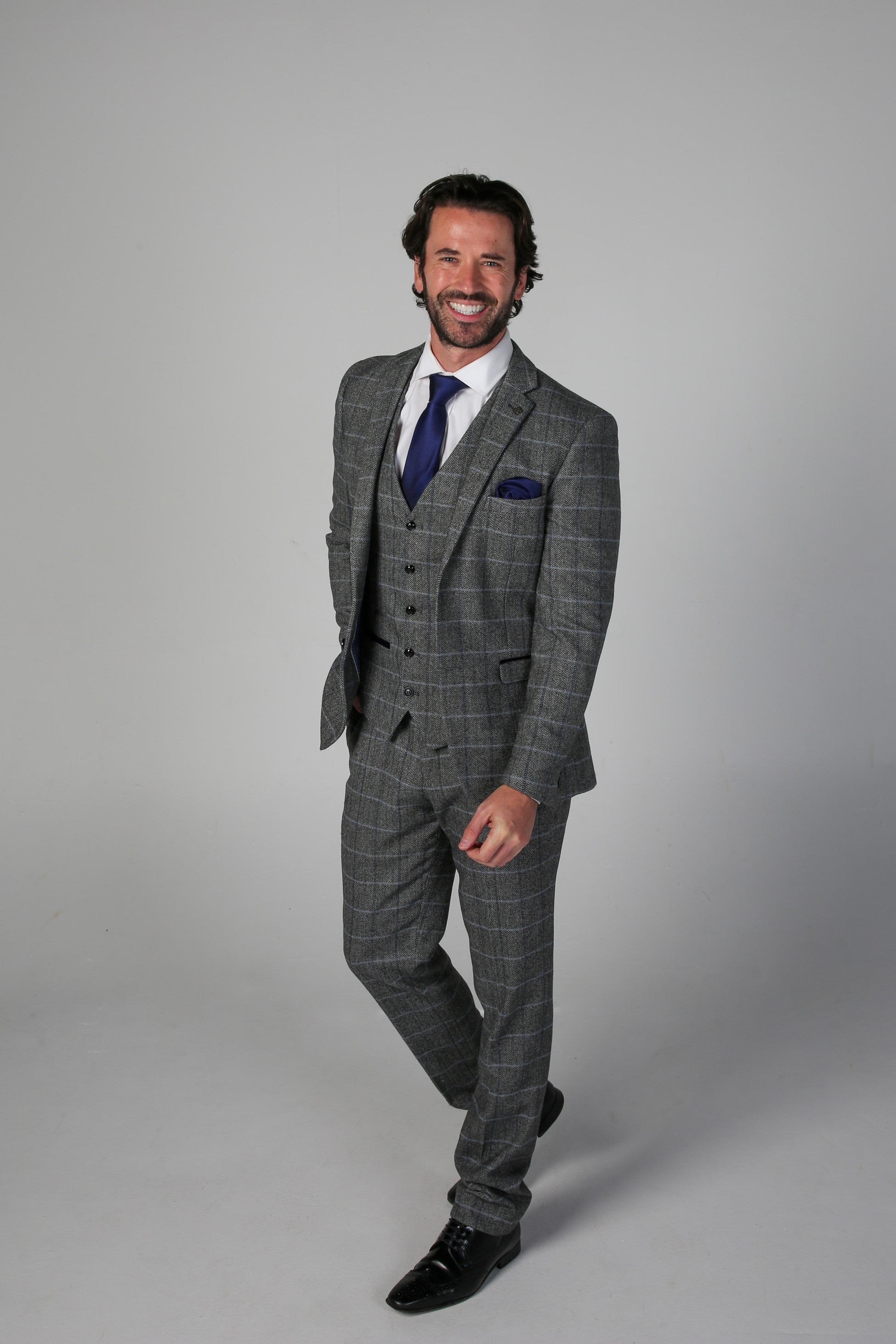 Costume Formel Retro en Tweed à Motif Windowpane pour Homme - HARRIS - Gris