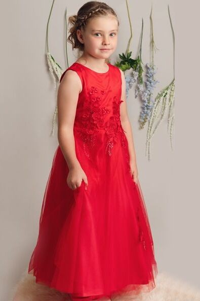 Robe à fleurs pour fille avec broderie et nœud - LUCKY - Rouge