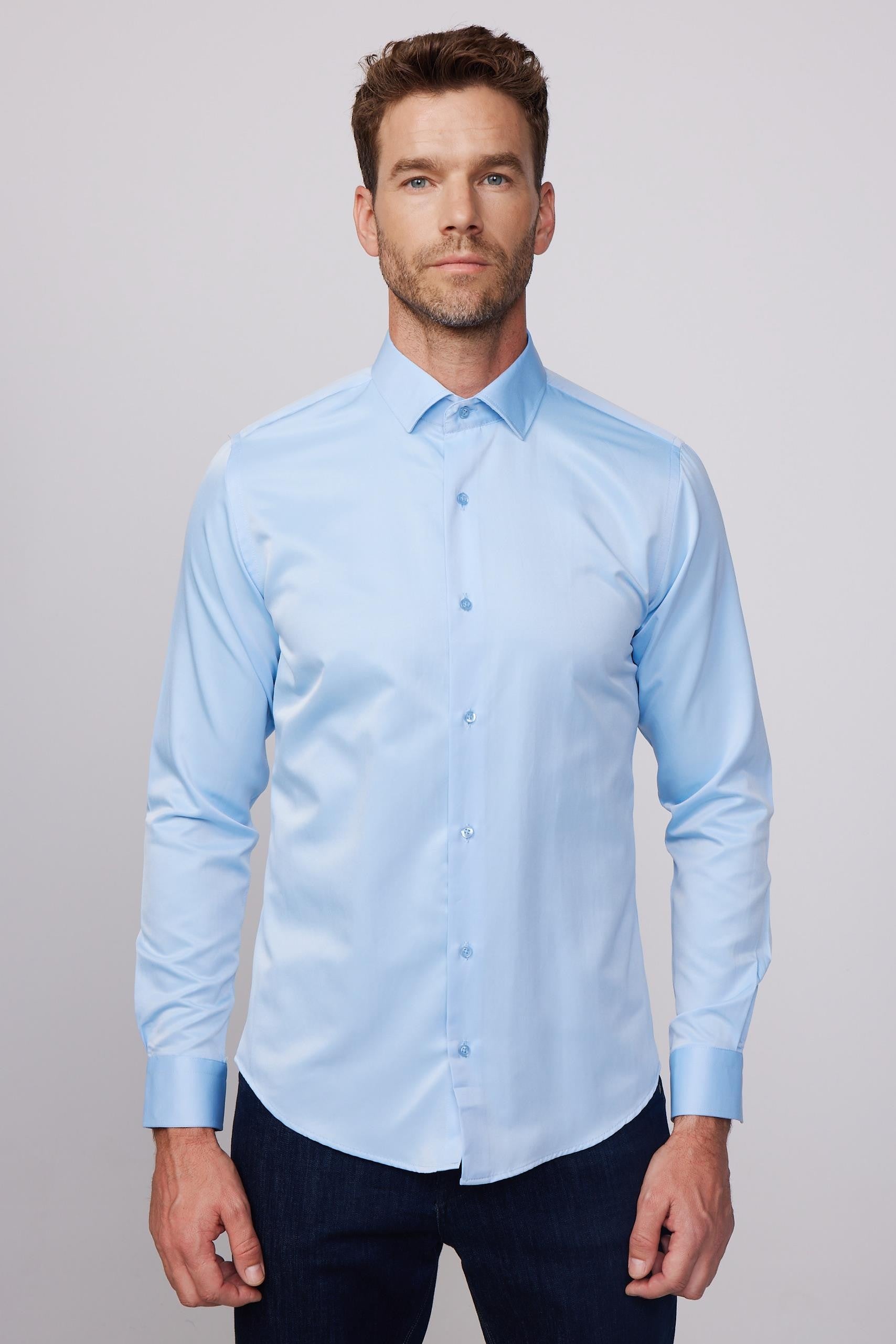 Men's Slim Fit Button-Down Cotton Blend Dress Shirt - Dimi Dotti - Light Blue