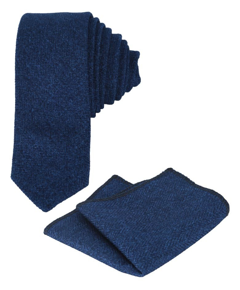 Boys & Men's Herringbone Tweed Tie & Pocket Square Set - Blue