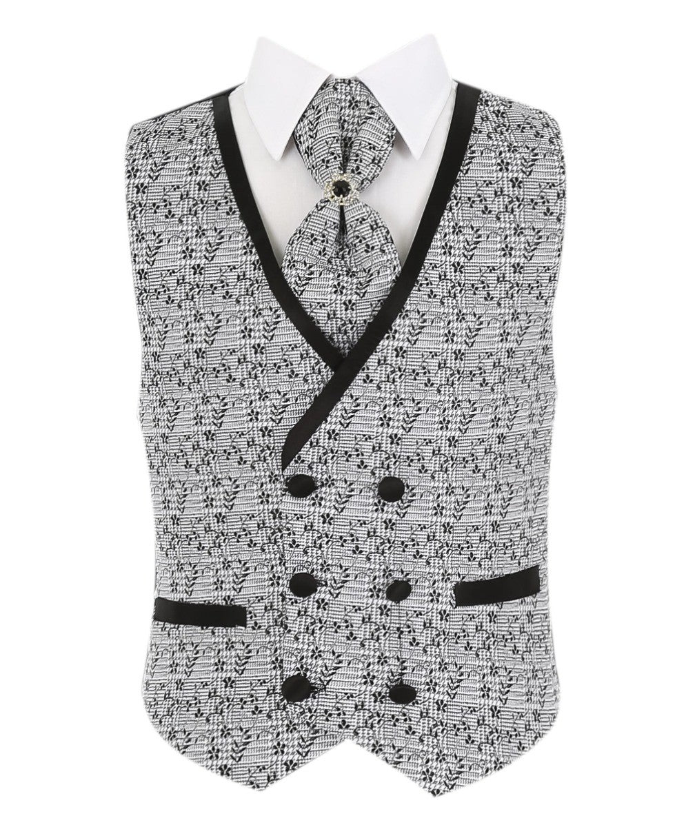 Ensemble Costume Gris à Passepoil avec Gilet à Motifs Floraux pour Garçons - Gris