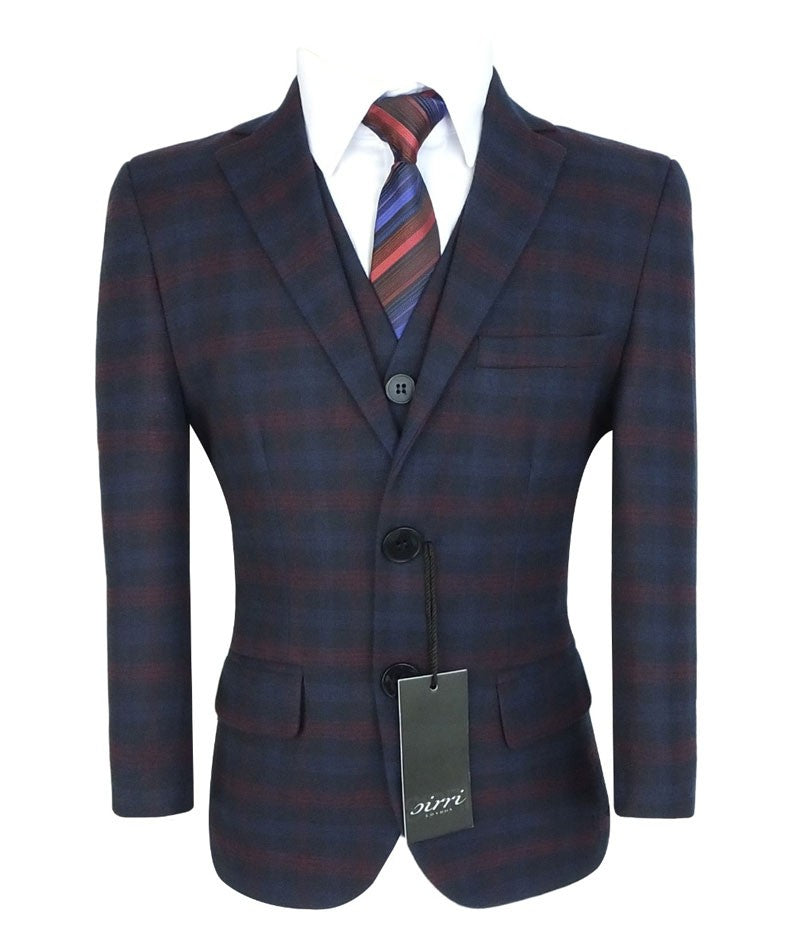 Boys Tailored Fit Retro Check Navy Suit - Navy Blue - Red