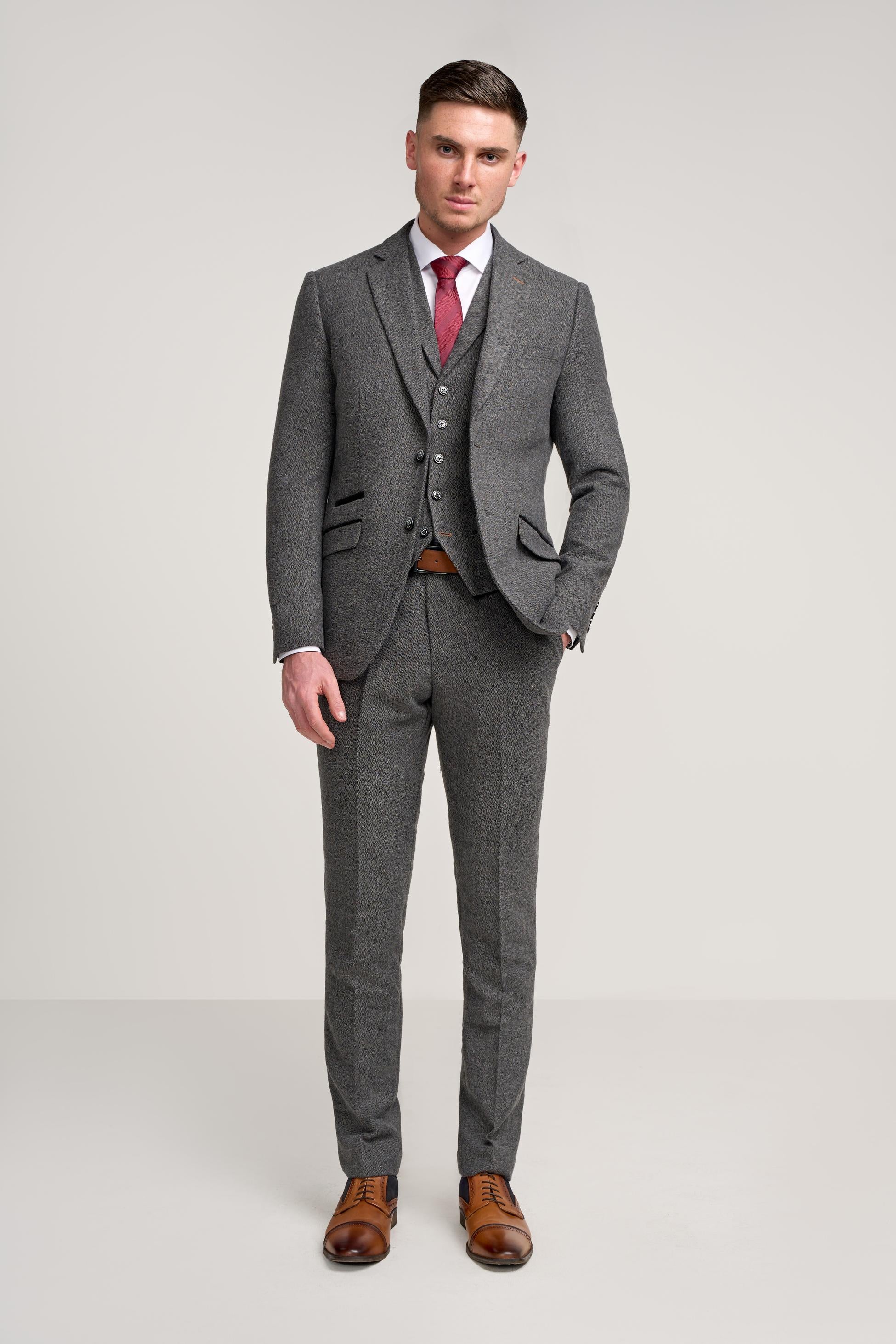 Costume en tweed gris à motif herringbone pour hommes - COSMO - Gris