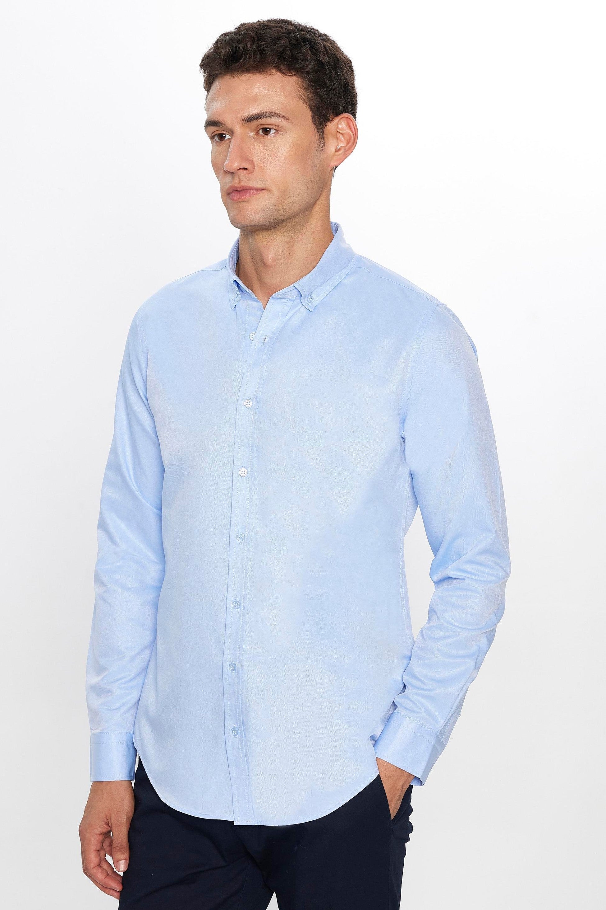 Chemise en coton ajustée à col boutonné - GABARDIN - Bleu Clair