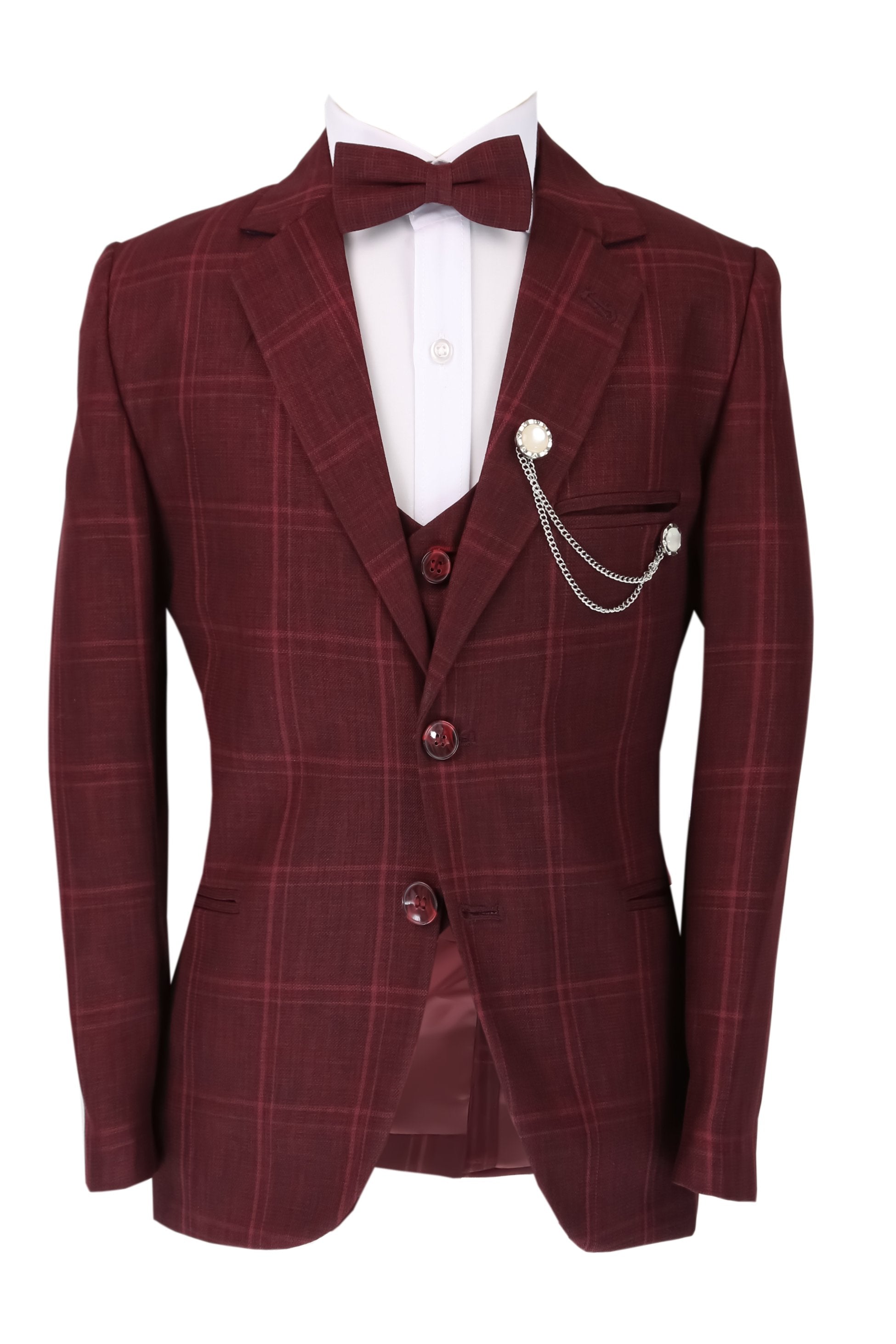 Ensemble Costume à Carreaux Windowpane Bordeaux Slim Fit pour Garçons - Bordeaux