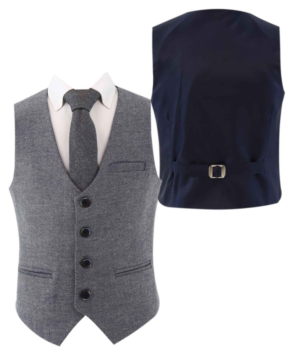 Ensemble Costume avec Gilet en Tweed à Chevrons pour Garçons - Bleu