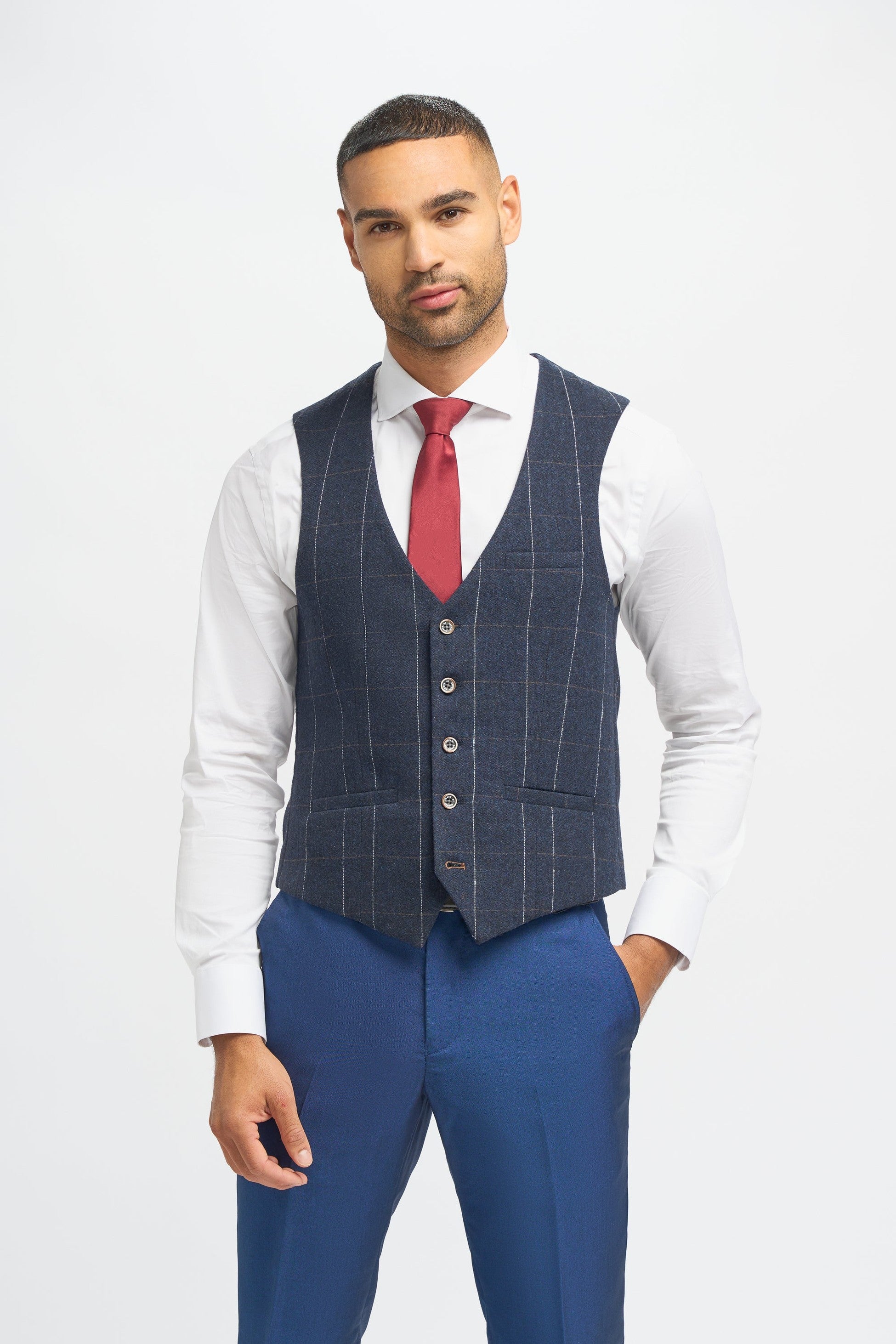 Herren Königsblauer Slim Fit 3-teiliger Anzug mit marineblauer Fensterrahmen Tweed Weste - Blau