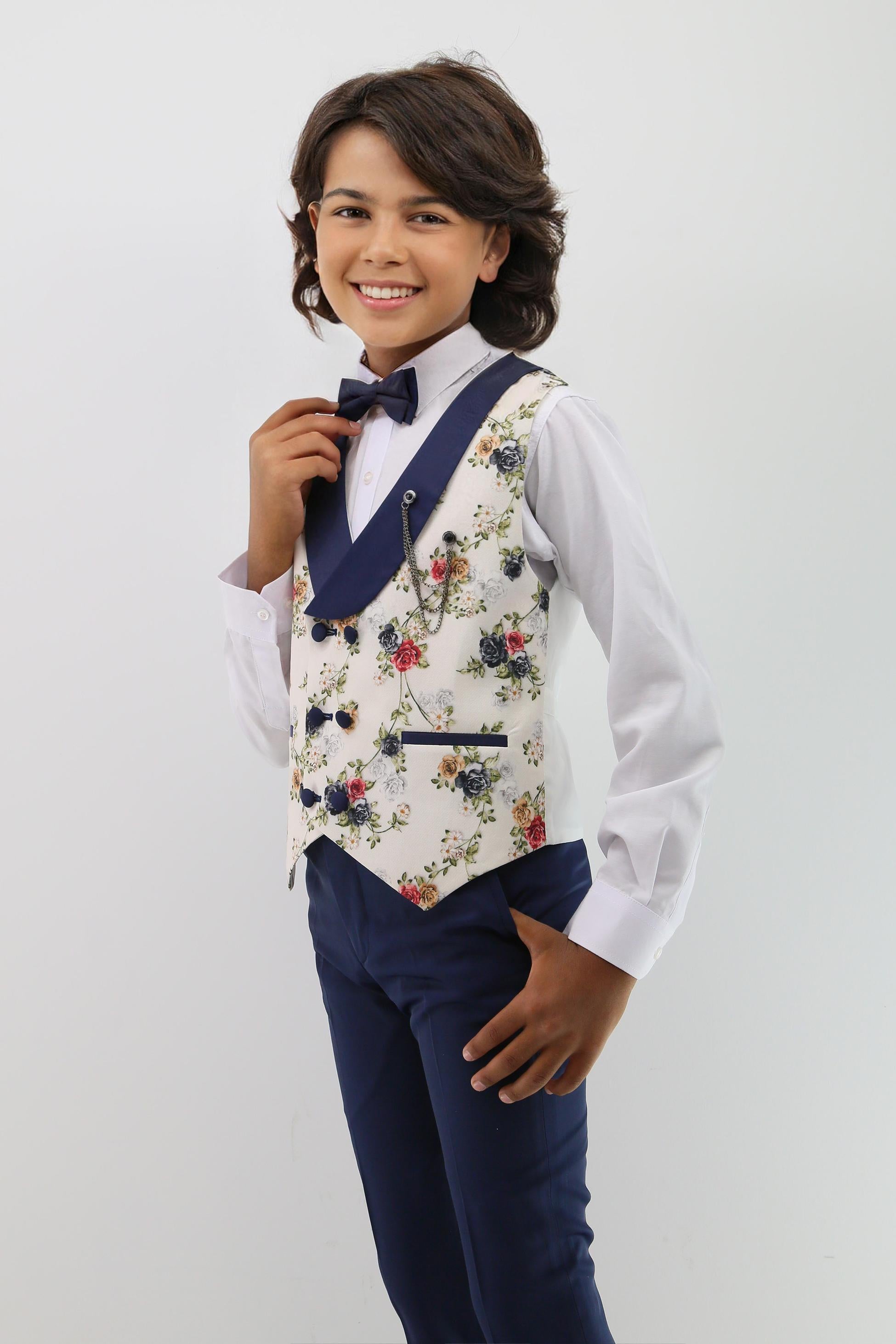 Ensemble de costume pour bébés et garçons avec gilet floral à double boutonnage - Multicolore