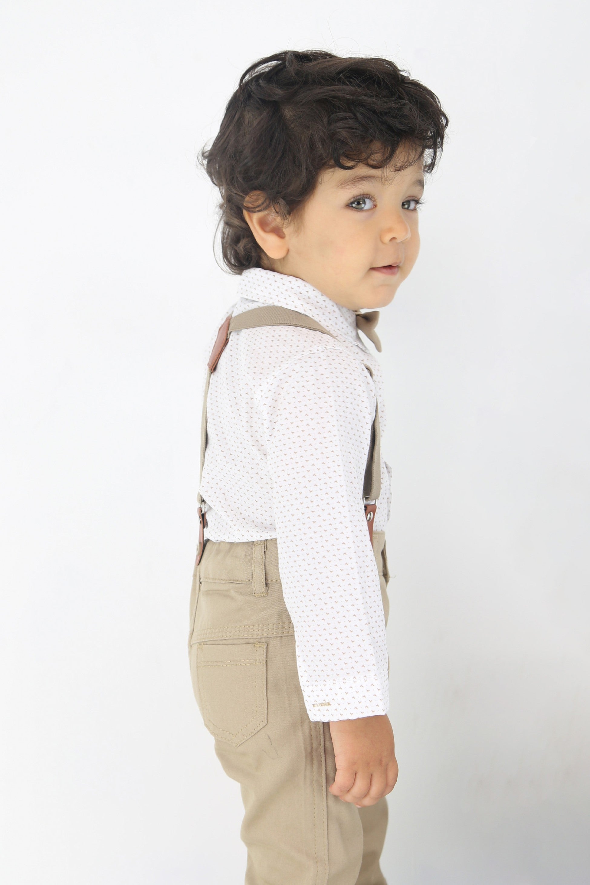 Baby Jungen Gentleman Outfit - 4-teilige Hosensatz mit Trägern - BIRD - Tan Braun