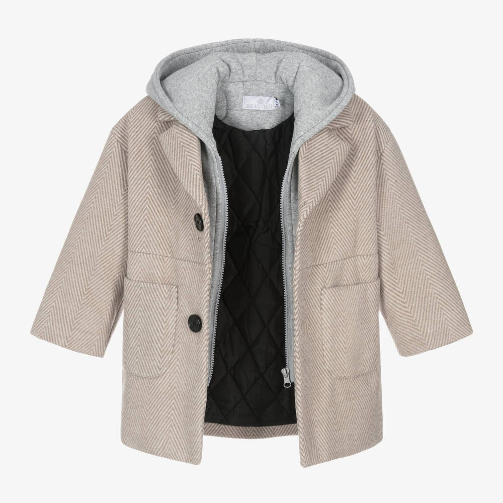 Manteau à capuche beige en herringbone avec insert en jersey pour garçons - Beige