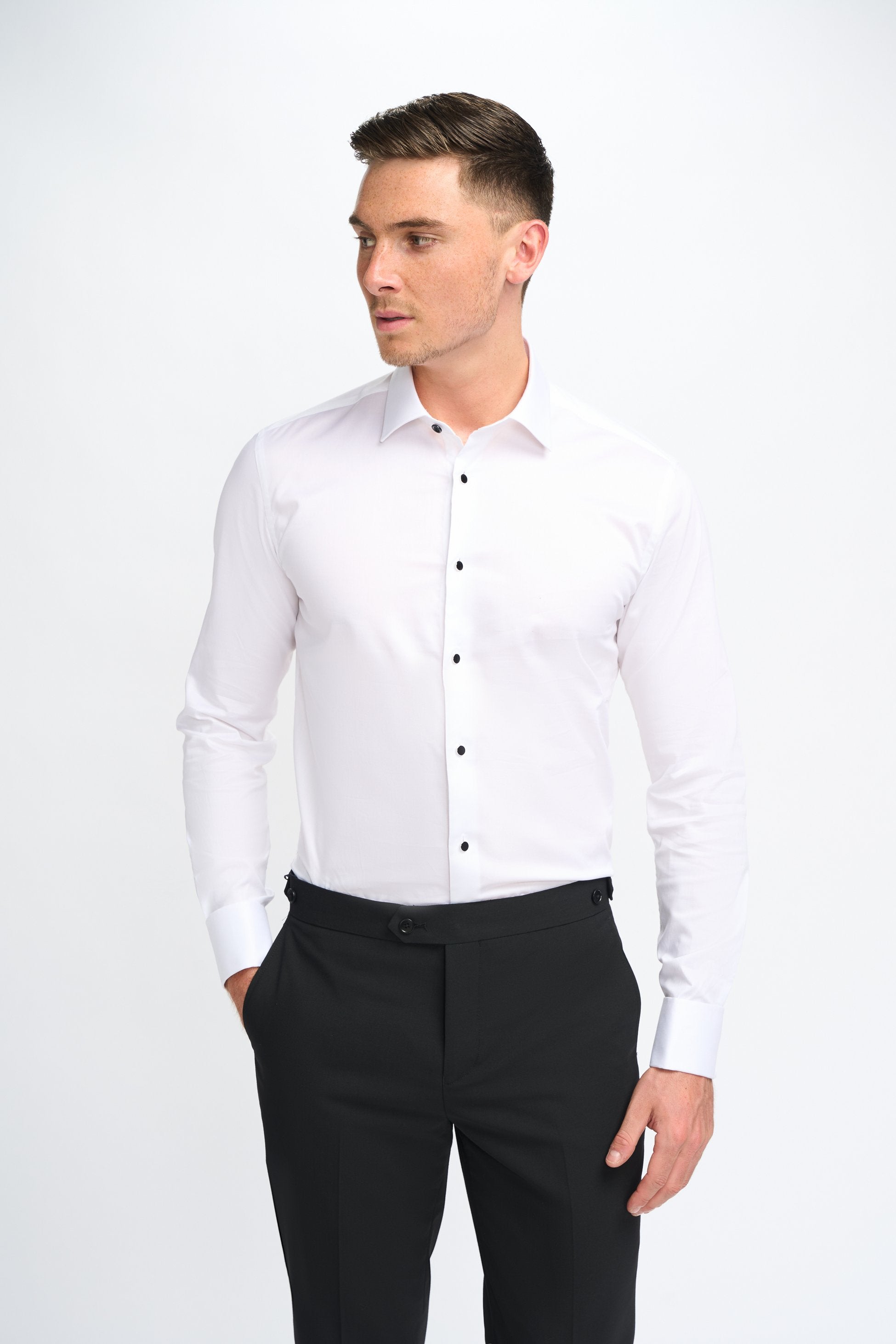 Herren Weißes Klassisches Kragen Button-Up Baumwoll Manschettenhemd - Havana - Weiß