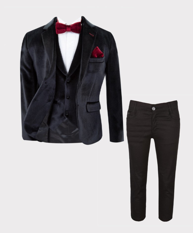 Costume en Velours Tailored Fit avec Patte de Coude pour Garçons - Noir