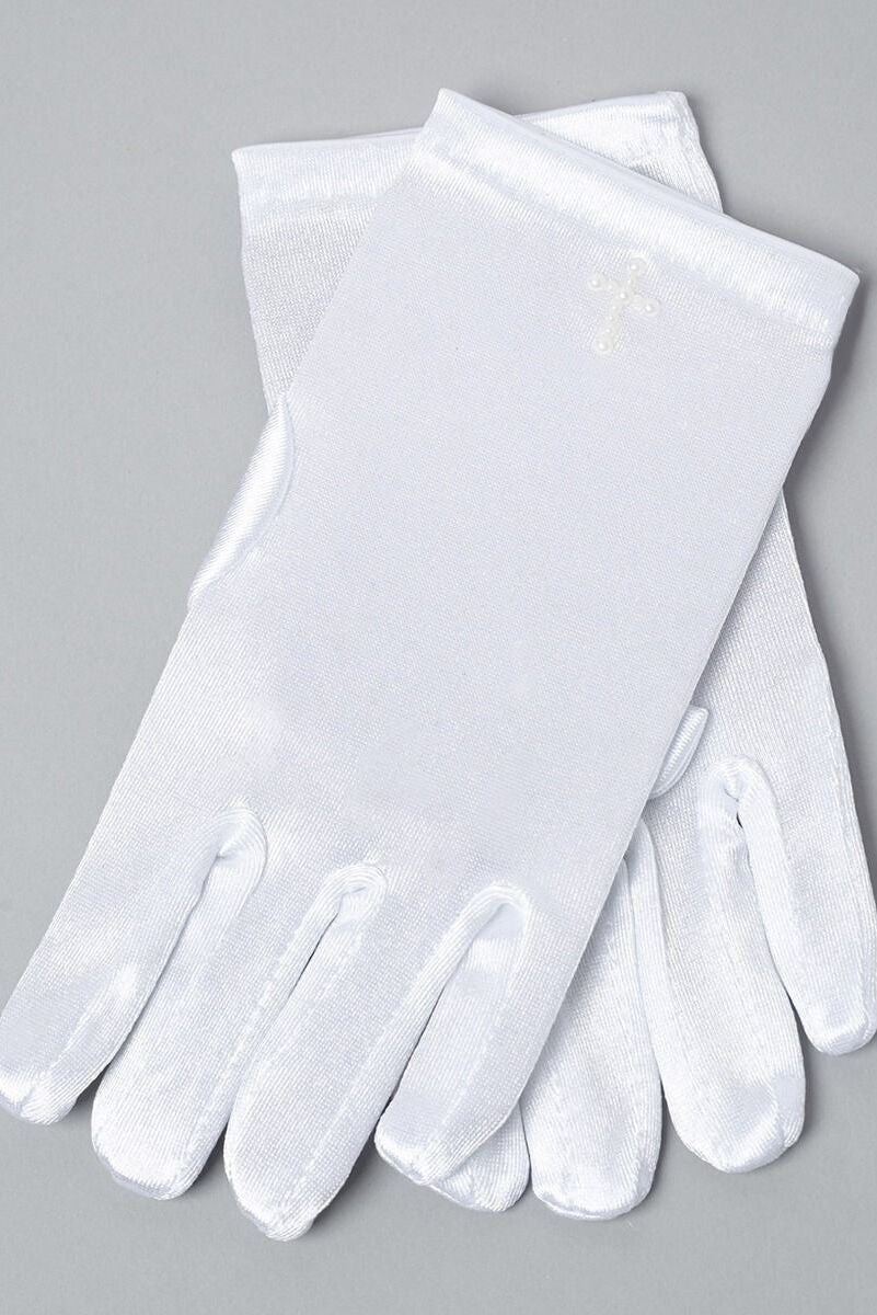 Gants en satin blanc avec croix en perles pour filles - GABY