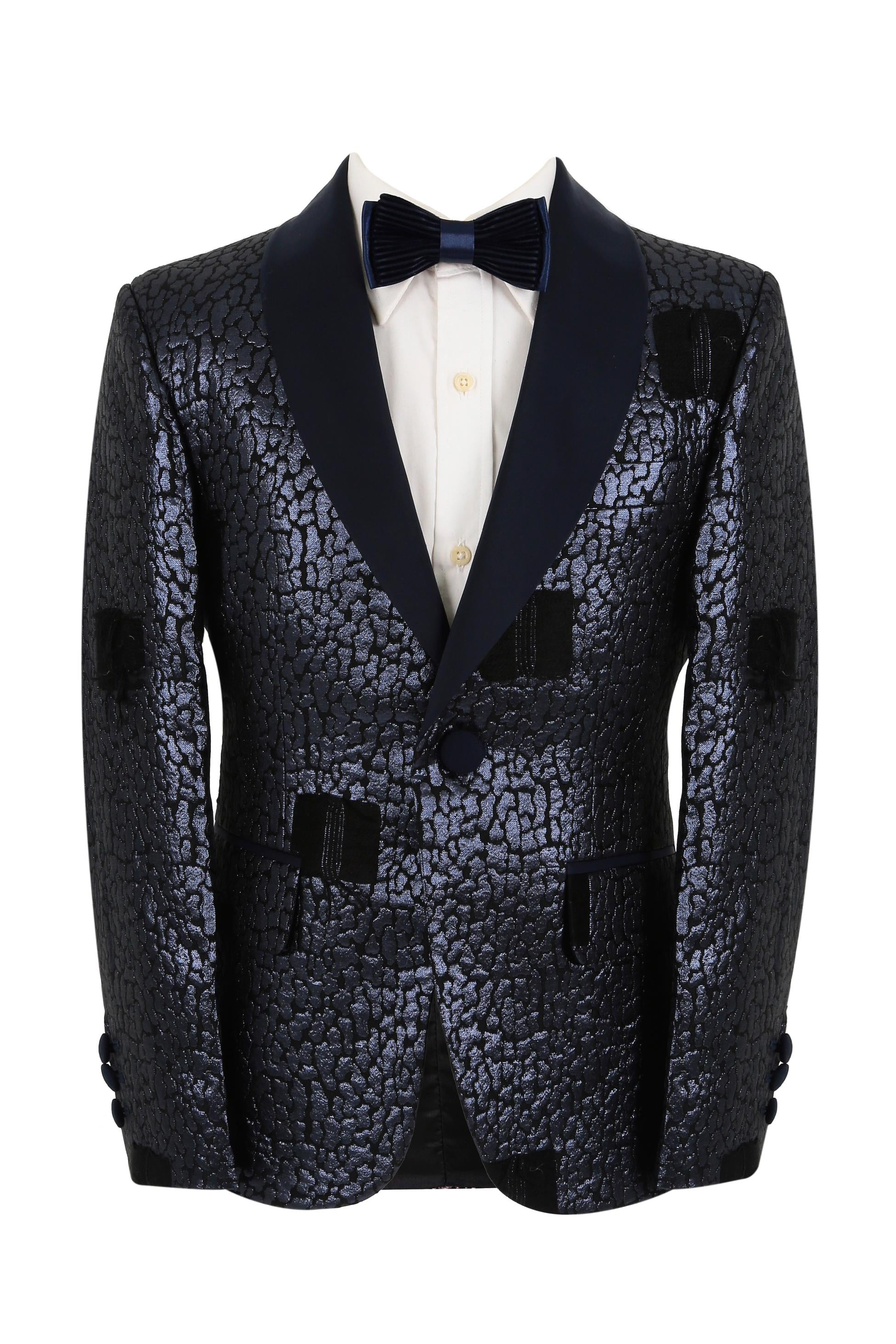 Boys Jacquard Patterned Tuxedo Suit - Navy Blue