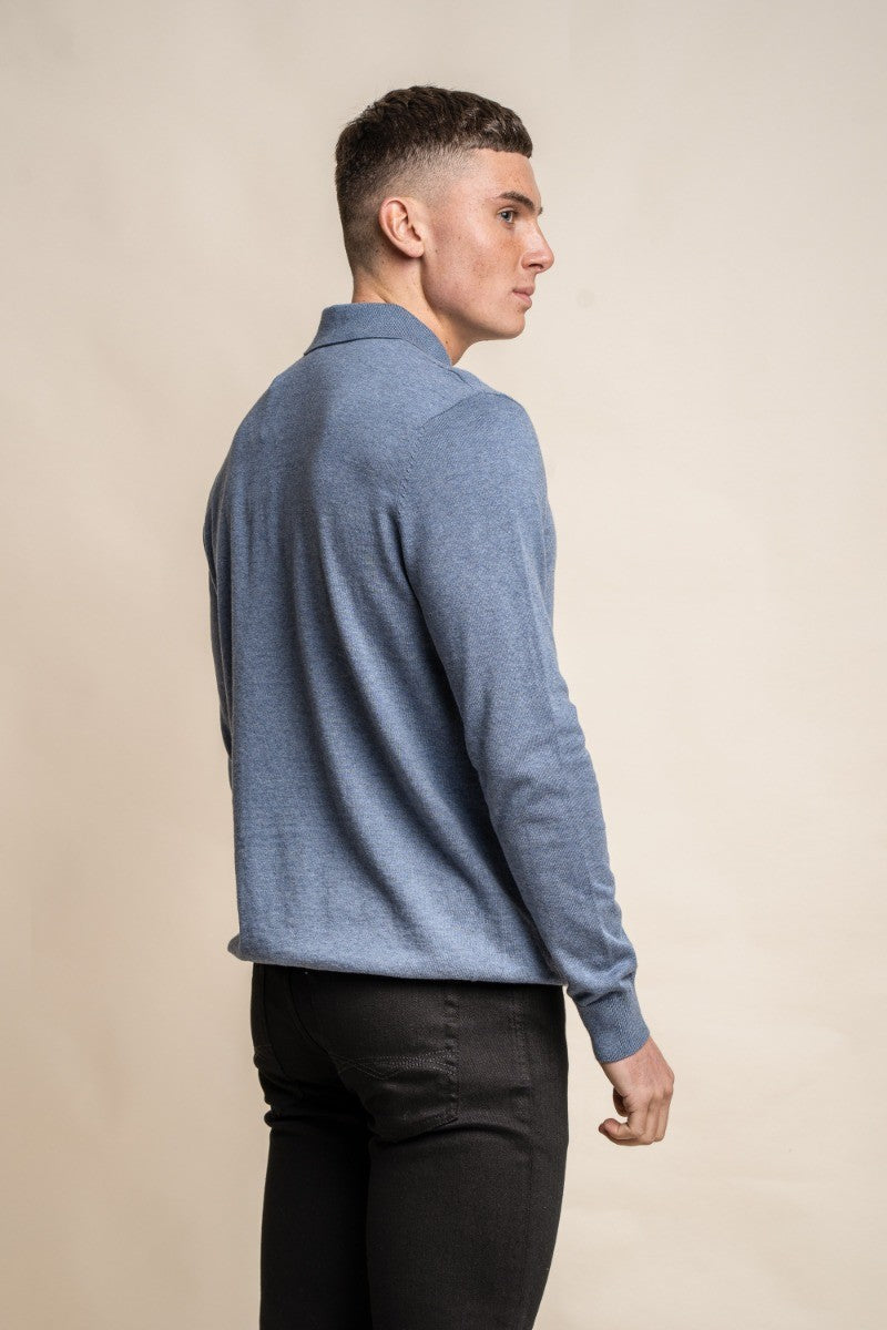 Pull en coton à col montant et zip quart pour hommes - Falcao - Bleu-Denim Moyen