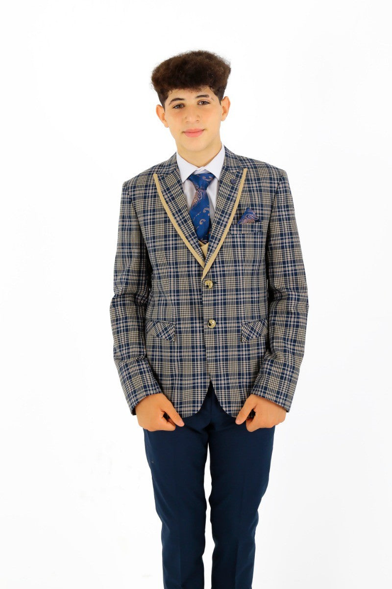 Boys Plaid Check Slim Fit Suit - Navy Blue- Beige