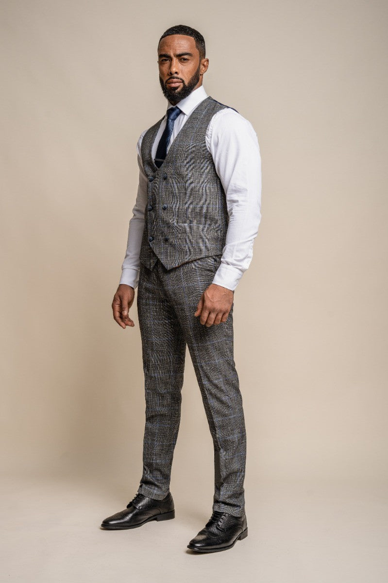 Men's Tweed Retro Check Grey Waistcoat - POWER - Grey