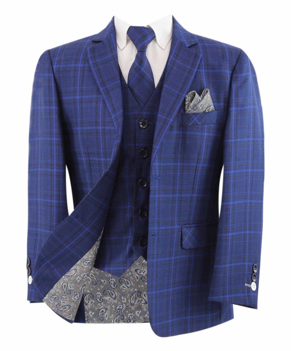 Boys Retro Check Tailored Fit Blue Suit - MATTHEW - Dark Blue