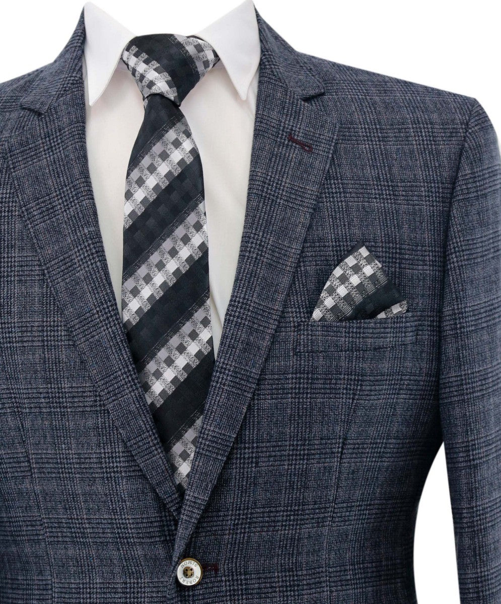 Blazer en Tweed à Motif Check Gris Slim Fit pour Homme - COSTELLO - Gris Foncé