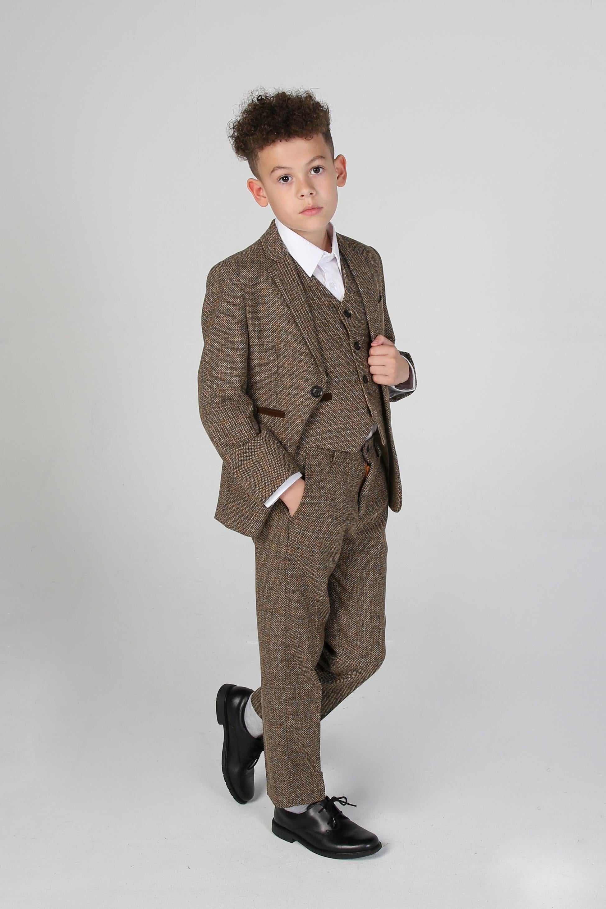 Boys Tweed Tailored Fit Formal Suit - Ralph - Brown