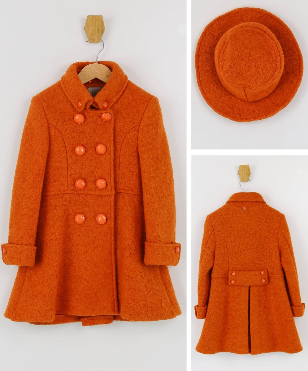 Girls Wool Double-Breasted OverCoat Set - ELIZABETH - Brick Orange