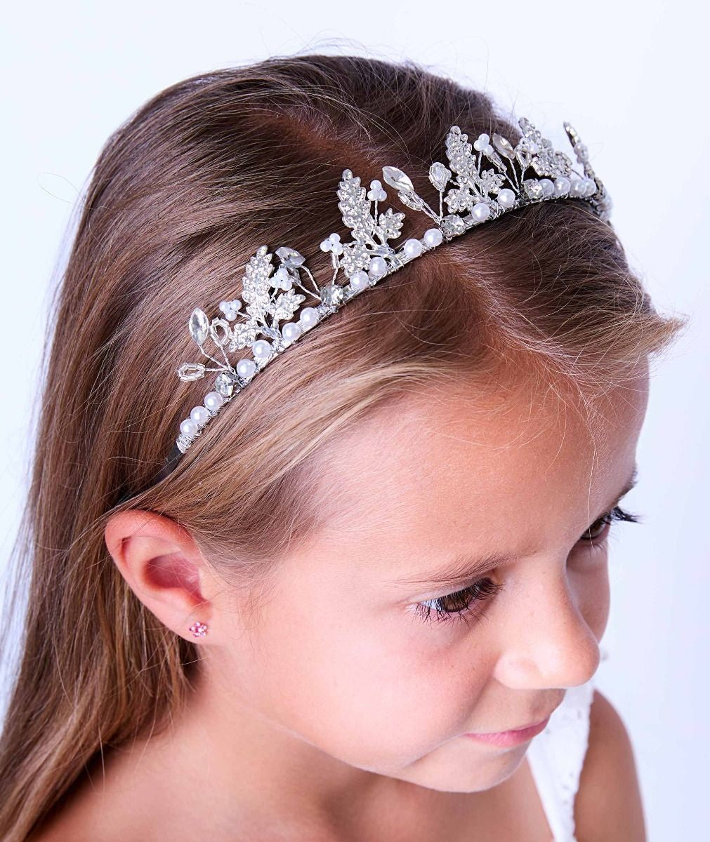 Couronne de tiara en cristal argenté avec feuilles et perles pour filles - Allemagne